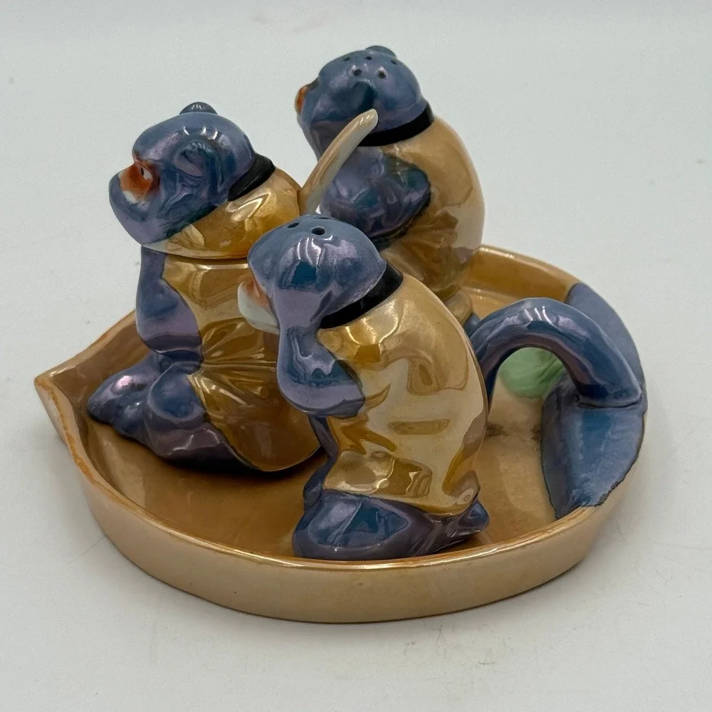 Vintage Three Wise Monkeys Lusterware Salt Pepper Mustard Set Japan Blue Gold